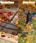 65 Inch Adjustable Leaf Rake With Long Handle And 25 Metal Tines 18 Inch Wide Yard Rake For Leaves And Grass Clippings Heavy Duty Steel Build For Debris Cleanup Garden Lawn Raking Tool shown with fallen leaves