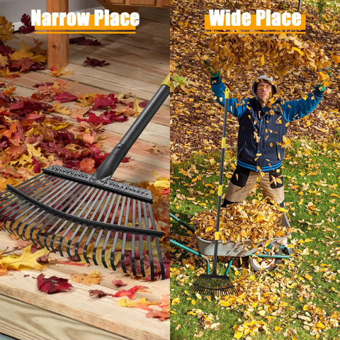 65 Inch Adjustable Leaf Rake With Long Handle And 25 Metal Tines 18 Inch Wide Yard Rake For Leaves And Grass Clippings Heavy Duty Steel Build For Debris Cleanup Garden Lawn Raking Tool shown with fallen leaves