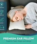 Woman using Ergonomic Memory Foam Ear Pillow With Ear Hole For Side Sleepers, Relief From Ear Pain And Post Piercing, on sofa