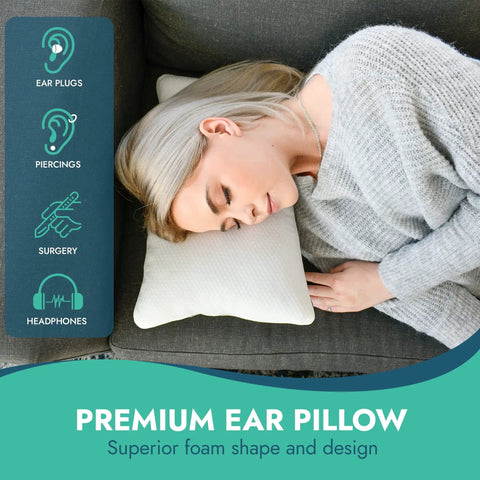 Woman using Ergonomic Memory Foam Ear Pillow With Ear Hole For Side Sleepers, Relief From Ear Pain And Post Piercing, on sofa