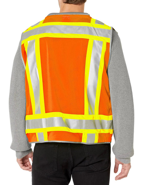 Heavy Duty Hi Vis Safety Vest For Field Pros Class 2 ANSI 107-2020 Two Tone Orange with reflective stripes, viewed from back