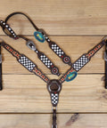 Top Shelf Western Leather Headstall And Breast Collar Tack Set With Lucky Dice Tooling Antique Copper Hardware And Checkyard Patterns Built For Any Arena Run, showcasing a unique checkered design.