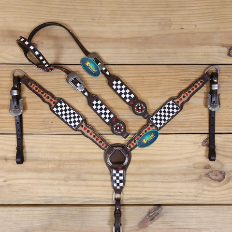 Top Shelf Western Leather Headstall And Breast Collar Tack Set With Lucky Dice Tooling Antique Copper Hardware And Checkyard Patterns Built For Any Arena Run, showcasing a unique checkered design.