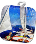 8x8 Potholder With Ocean Sailing Art Print Of Gulet Sailboat, Quilted Fifty Fifty Cotton Polyester, One Sided Image, Loop For Hanging