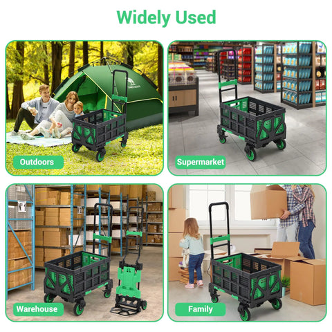 2-In-1 Folding Hand Truck With Basket Hauls 330 Lb Capacity And Switches From Upright Two-Wheel Dolly To Four-Wheel Platform Cart For Easy Moving Of Boxes Luggage Groceries And Home Gear Green in outdoor, supermarket, warehouse, and home use