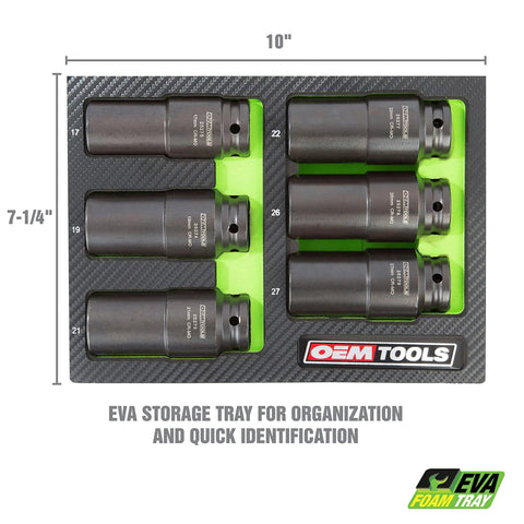 Beefy Built Tough Harmonic Balancer Puller Socket Set with Crankshaft Bolt Removal Tools, 17mm to 27mm deep sockets in foam tray