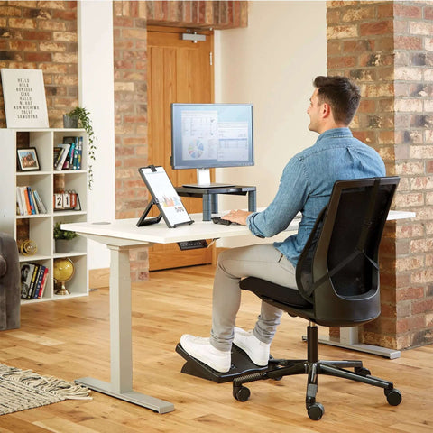 Office desk with letter size non magnetic copyholder with removable line guide and adjustable easel back for height and angle use