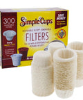 Disposable Paper Coffee Filters 300 Count Compatible With Keurig And K Cup Machines for single serve pods shown with packaging