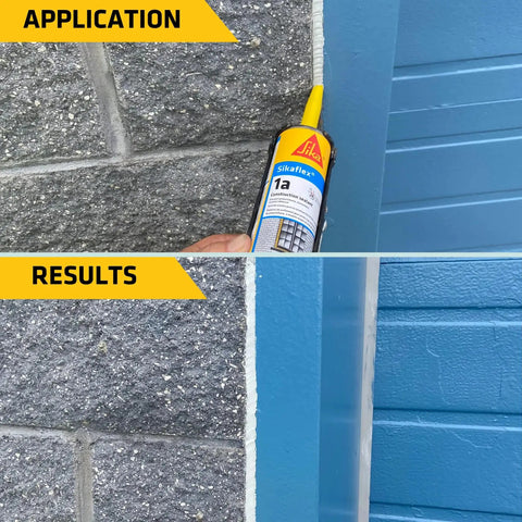 12 Tubes Of 10.1 Oz White Heavy Duty One Component Polyurethane Sealant For Moisture Cure Non Sag Elastomeric Mastic With Strong Adhesion To Concrete Wood And Metal Ideal For Weatherproof Sealing At Home And On The Job applied between concrete and blue panel with results shown