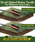 Must Have Thatch Rake For Lawns 18 Sharp Tempered Spring Steel Tines With 62.5 Inch Adjustable Stainless Steel Handle Heavy Duty Dethatching Rake For Dead Grass Yard Care Garden Lawn Maintenance, dual-sided teeth illustration