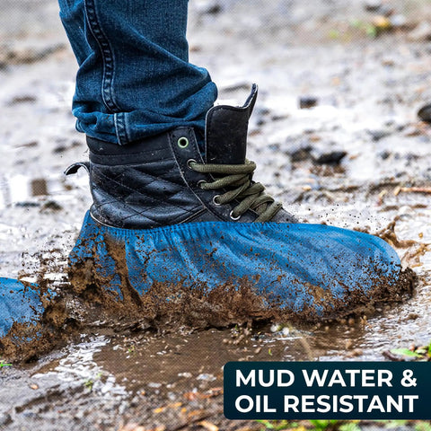 Boot with Blue Disposable Boot Covers Premium Pack 100 Non Slip Shoe Protectors in mud, water-resistant and durable