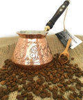 Dope Thick Solid Copper Turkish Greek Arabic Coffee Pot With Wooden Handle For Stovetop Brewing, large 18 oz, engraved design.