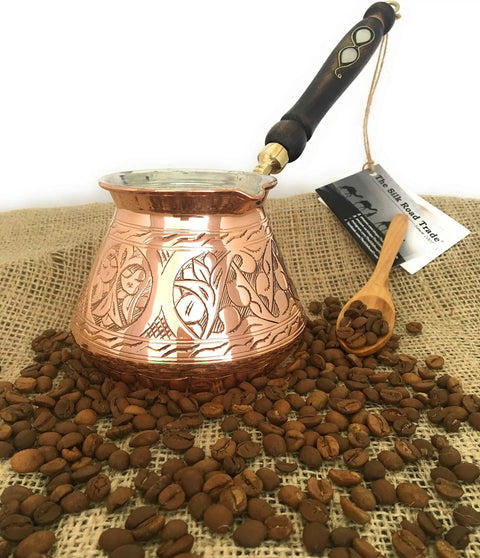 Dope Thick Solid Copper Turkish Greek Arabic Coffee Pot With Wooden Handle For Stovetop Brewing, large 18 oz, engraved design.