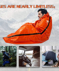 Emergency Sleeping Bag Survival Bivy Sack Lightweight Emergency Blanket for Outdoor Hiking and Camping Keep Warm After Earthquakes Hurricanes and Other Disasters Grab And Go Gear in use by man outdoors