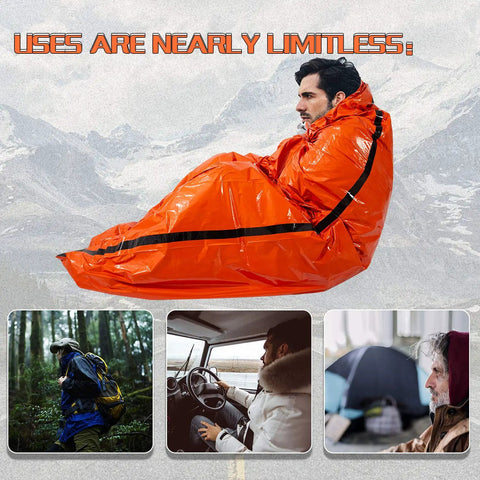 Emergency Sleeping Bag Survival Bivy Sack Lightweight Emergency Blanket for Outdoor Hiking and Camping Keep Warm After Earthquakes Hurricanes and Other Disasters Grab And Go Gear in use by man outdoors