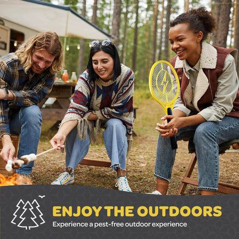 Group using Portable 4000 Volt Electric Bug Zapper Racket Set Of 2 With USB Rechargeable Battery for mosquito control outdoors.