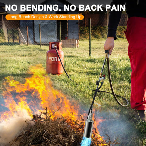 Beast Mode Heavy Duty Propane Weed Burner Torch With 1,800,000 BTU Flame Thrower, igniting weeds with long flame and propane tank