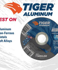 4-1/2 Inch Aluminum Cutting Wheel Non-Loading Contaminant-Free High Performance Pro Grade Tiger Blend For Fast Clean Aluminum Cuts With Seven Eighths Inch Arbor 0.045 Inch Thick Type 27 Wheel Pack Of 25 showing packaging details