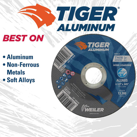 4-1/2 Inch Aluminum Cutting Wheel Non-Loading Contaminant-Free High Performance Pro Grade Tiger Blend For Fast Clean Aluminum Cuts With Seven Eighths Inch Arbor 0.045 Inch Thick Type 27 Wheel Pack Of 25 showing packaging details