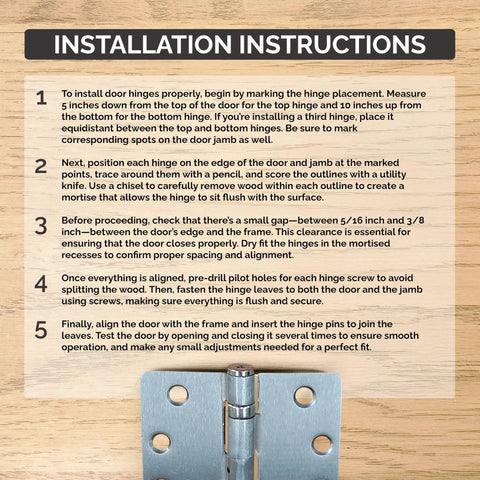 Installation instructions for Straight Up Premium Ball Bearing Door Hinges Oil Rubbed Bronze Finish 4 Inch 5/8 Radius.