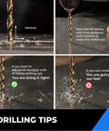 amoolo 3/8 in cobalt drill bit set (5 pcs), M35 HSS, shown drilling into metal (multi-view collage)