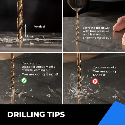 amoolo 3/8 in cobalt drill bit set (5 pcs), M35 HSS, shown drilling into metal (multi-view collage)
