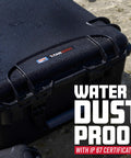 Black Titan Series Waterproof Utility Case With Diced Foam Insert shown in wet environment, IP67 Dustproof Gear Box