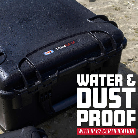 Black Titan Series Waterproof Utility Case With Diced Foam Insert shown in wet environment, IP67 Dustproof Gear Box