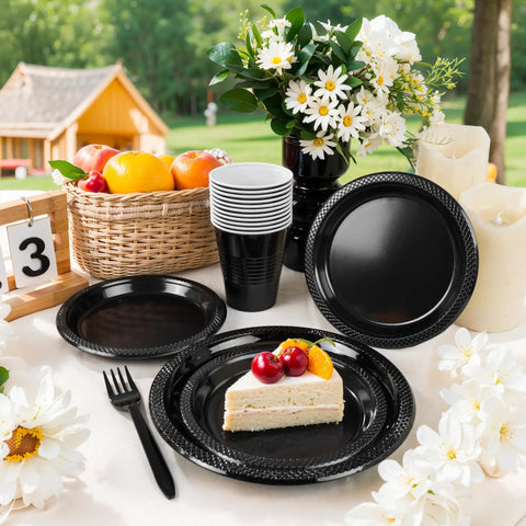 Fresh Black Disposable Plates 350 Piece Heavy Duty Food Grade Plastic Party Essentials For Weekend Ragers And Halloween Parties with cake and cutlery.
