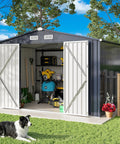 Heavy Duty Outdoor Tool Shed With Lockable Doors And Breathable Vent, 10x8 Ft Metal Garden Storage, dark blue, in backyard