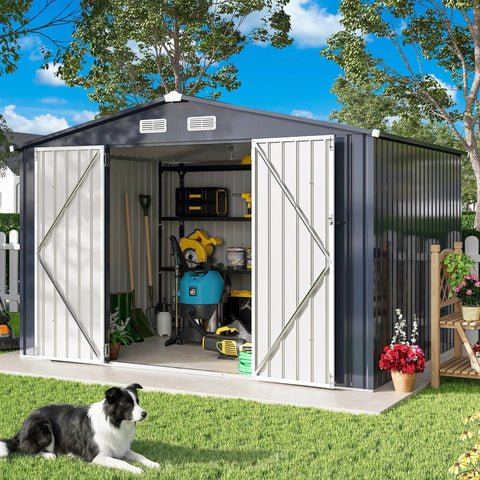 Heavy Duty Outdoor Tool Shed With Lockable Doors And Breathable Vent, 10x8 Ft Metal Garden Storage, dark blue, in backyard