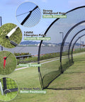 Backyard Baseball Batting Cage 30x13x9 Ft With Pitching Hole; closeup of structure, fiberglass poles, and stakes on grass.