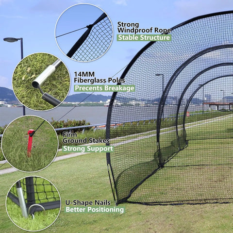 Backyard Baseball Batting Cage 30x13x9 Ft With Pitching Hole; closeup of structure, fiberglass poles, and stakes on grass.