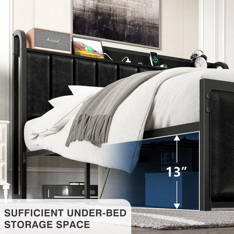 Chic Twin Platform Bed Frame With Upholstered Storage Headboard And Built In Charging Hub Heavy Duty Metal Slats No Box Spring Needed Straight Up Noise Free No Sweat Setup Pure Black with under-bed storage