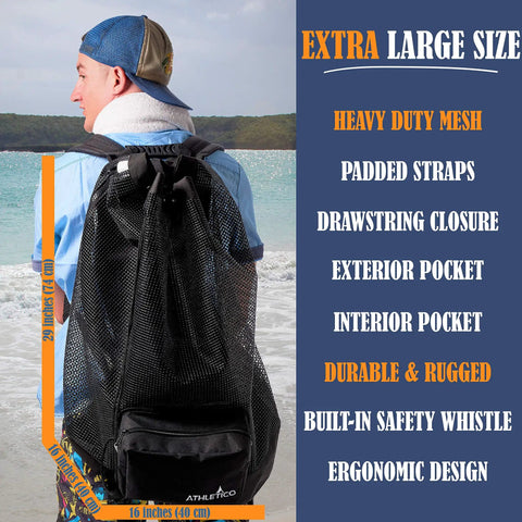 XL Mesh Travel Scuba Diving Bag For Snorkeling Gear And Equipment on person's back showing size and mesh material