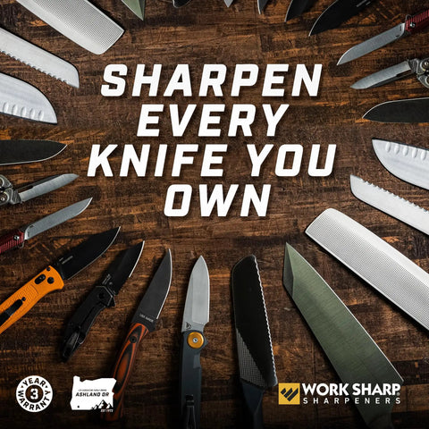 Roam Ready Guided Field Sharpener With Diamond Guides And Adjustable Wrench Gives You Hella Versatile Home Shop Or Campout Blade Care That Is Truly Top Shelf And Keeps Every Pocketknife Sharp As A Tack On The Trail with various knives on a wooden table.
