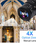 Close-up of 4K Webcam With Dual HDMI USB Interface Manual Zoom 2.8-12mm CS Mount Lens in a cathedral setting, optical zoom focus.