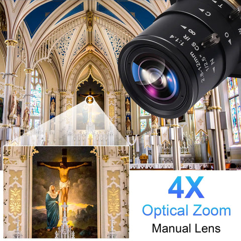 Close-up of 4K Webcam With Dual HDMI USB Interface Manual Zoom 2.8-12mm CS Mount Lens in a cathedral setting, optical zoom focus.