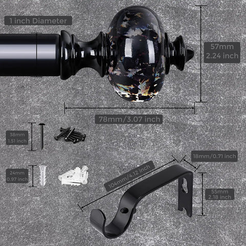 Black Curtain Rod For Windows 30-88 Inches, Heavy Duty Adjustable Drapery Rod With Crystal Finials and iron bracket.