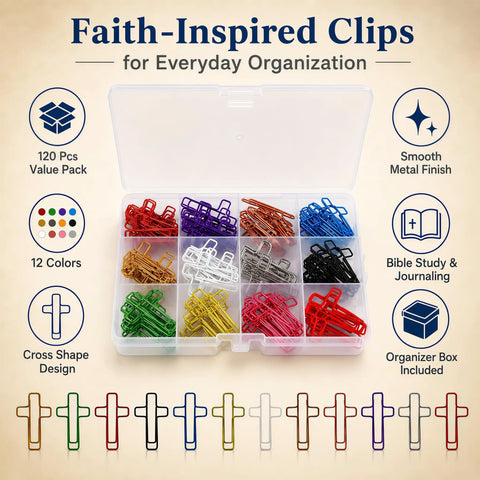 Cross Paper Clips Set Featuring 120 Multicolor Metal Bookmark Clips In Clear Storage Box For Christian Journaling Bible Study Notes Office School And Everyday Use.
