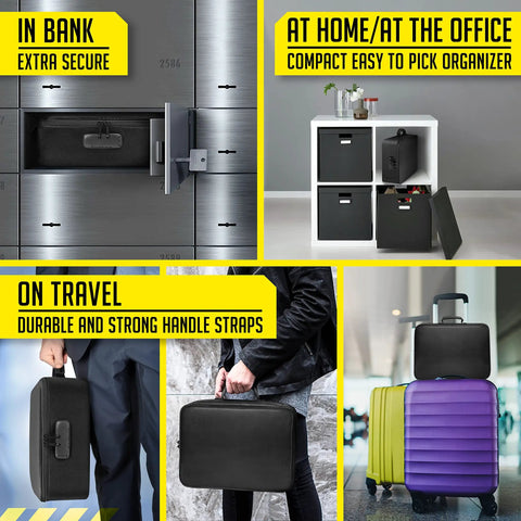 Multiple uses of Go To Fireproof Document Organizer with Lock Safe for Home Office and Travel, in bank, office, and travel scenarios.