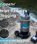 High Capacity Submersible Electric Trash Pump With Smart External Sensor And Two Inch Outlet For Pool Evacuation and shallow flood extraction at 65 gpm with 3/4 hp motor on rocky riverbank.