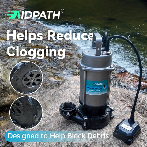 High Capacity Submersible Electric Trash Pump With Smart External Sensor And Two Inch Outlet For Pool Evacuation and shallow flood extraction at 65 gpm with 3/4 hp motor on rocky riverbank.