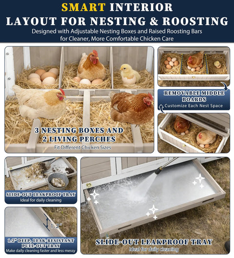 Interior of outdoor chicken coop for 2 to 4 chickens in backyard with 3 nesting boxes, perches, and removable leakproof tray.