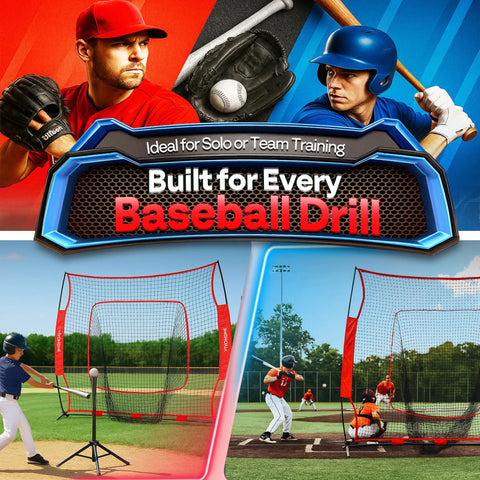Backyard Baseball And Softball Batting Net 7x7 Ft Backstop For Hitting Pitching And Throwing With Batting Tee And Carry Bag Red Durable Aluminum Frame And 7 Ply Net For Daily Backyard Practice Sessions