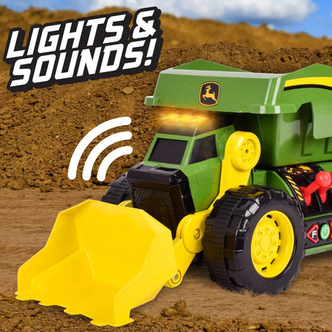 Motorized Dig Rig 2 In 1 Toy Dump Truck And Front Loader With Realistic Lights And Sounds Dual Joystick For Kids, front view