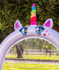 Front view of Inflatable Unicorn Arch Sprinkler For Kids Rainbow Water Curtain Toy for Outdoor Play Backyard Summer Fun.