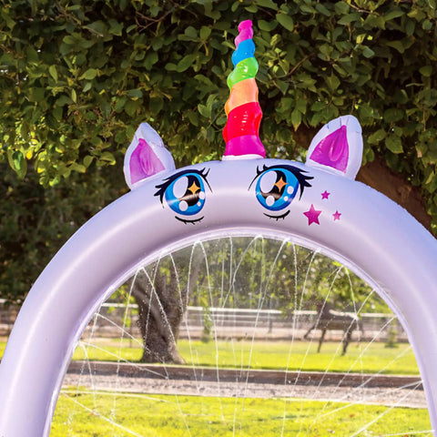 Front view of Inflatable Unicorn Arch Sprinkler For Kids Rainbow Water Curtain Toy for Outdoor Play Backyard Summer Fun.