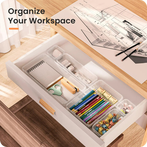 Clear Drawer Organizers Set Five Sizes Straight Up Tames Messy Vanities, organizing pens and stationery in a workspace drawer.