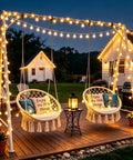 Outdoor patio with Rechargeable Camping String Lights 33Ft 100 LED Globe Bulbs Warm White With Timer creating cozy ambiance